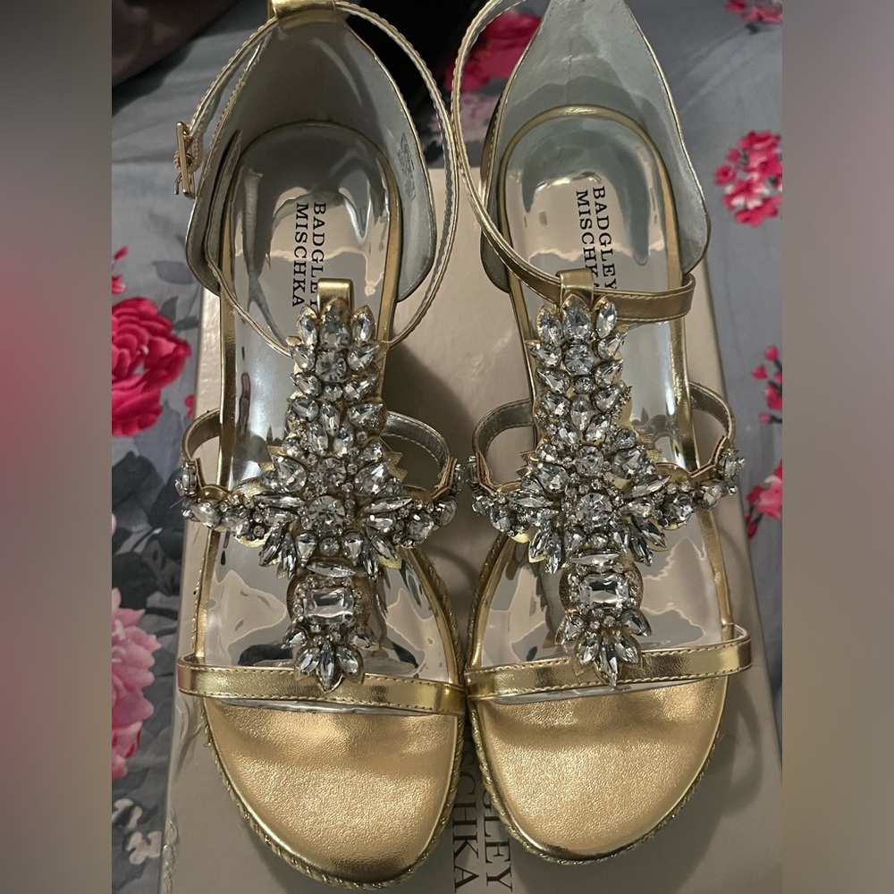 Badgley Mischka Gold Wedges with Crystal Accents